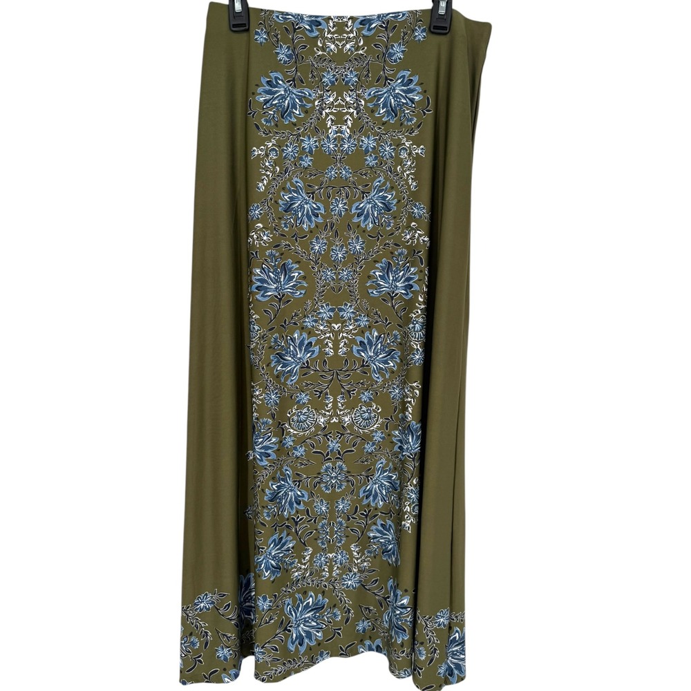 CeCe Womens Floral Damask Pull On Stretch Maxi Skirt Green Blue Size Medium Boho